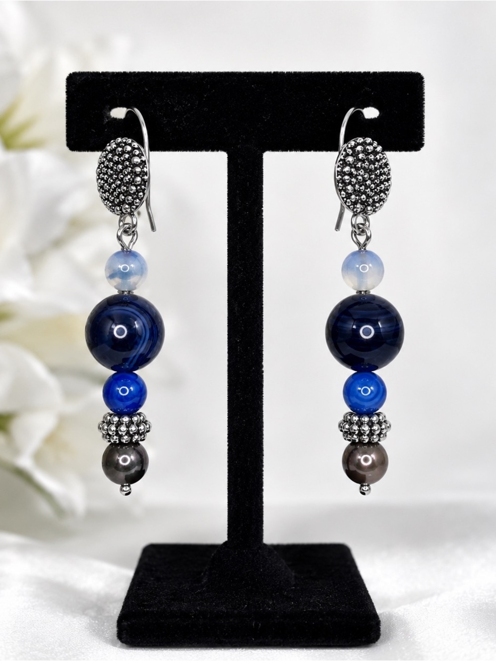 Blue Sardonyx Earrings Handmade Gemstone Dangle Silver Boho Gift